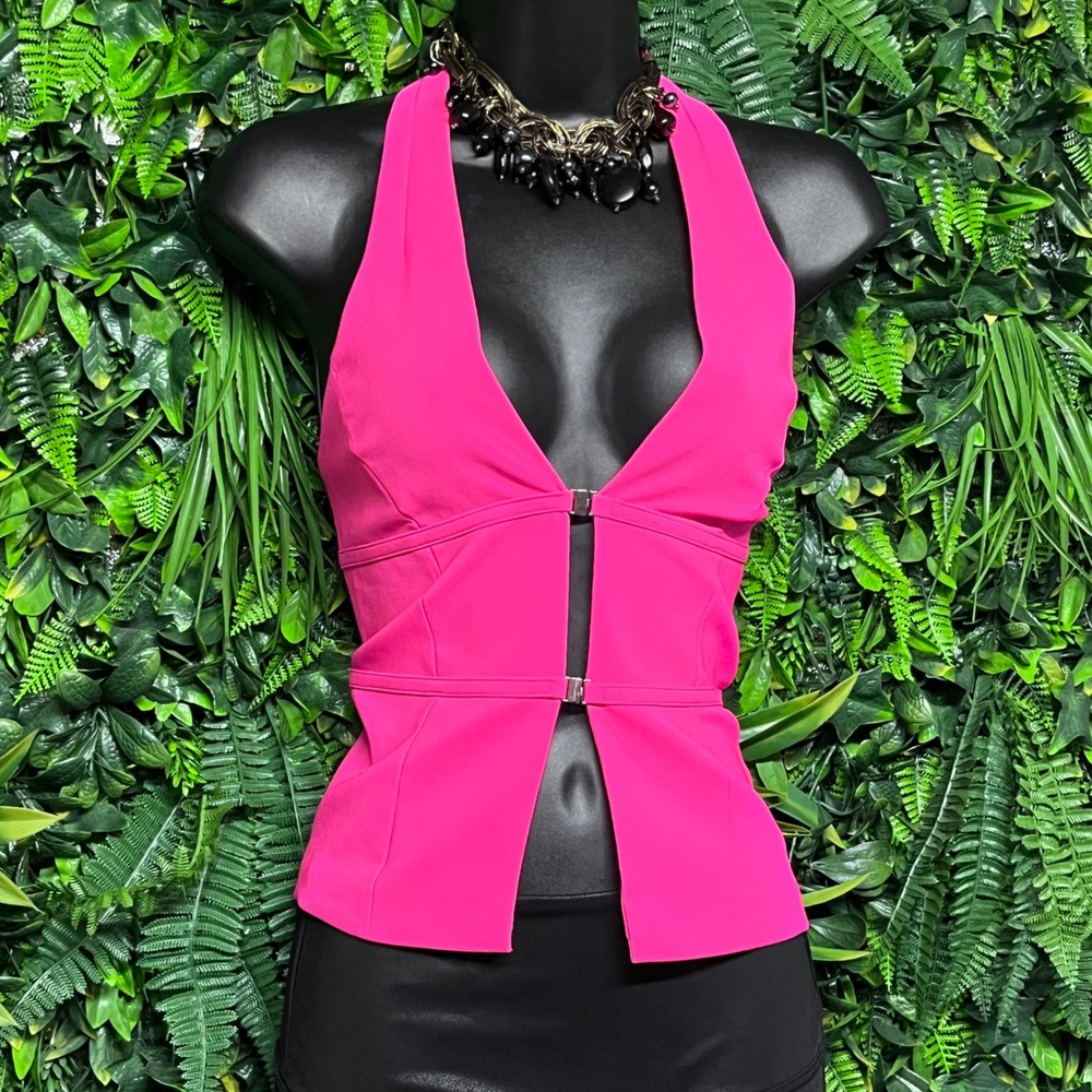 Zara Top XS Hot Pink Halter V Neck Buckle Front Blouse Party Festival 3550 - Picture 3 of 8